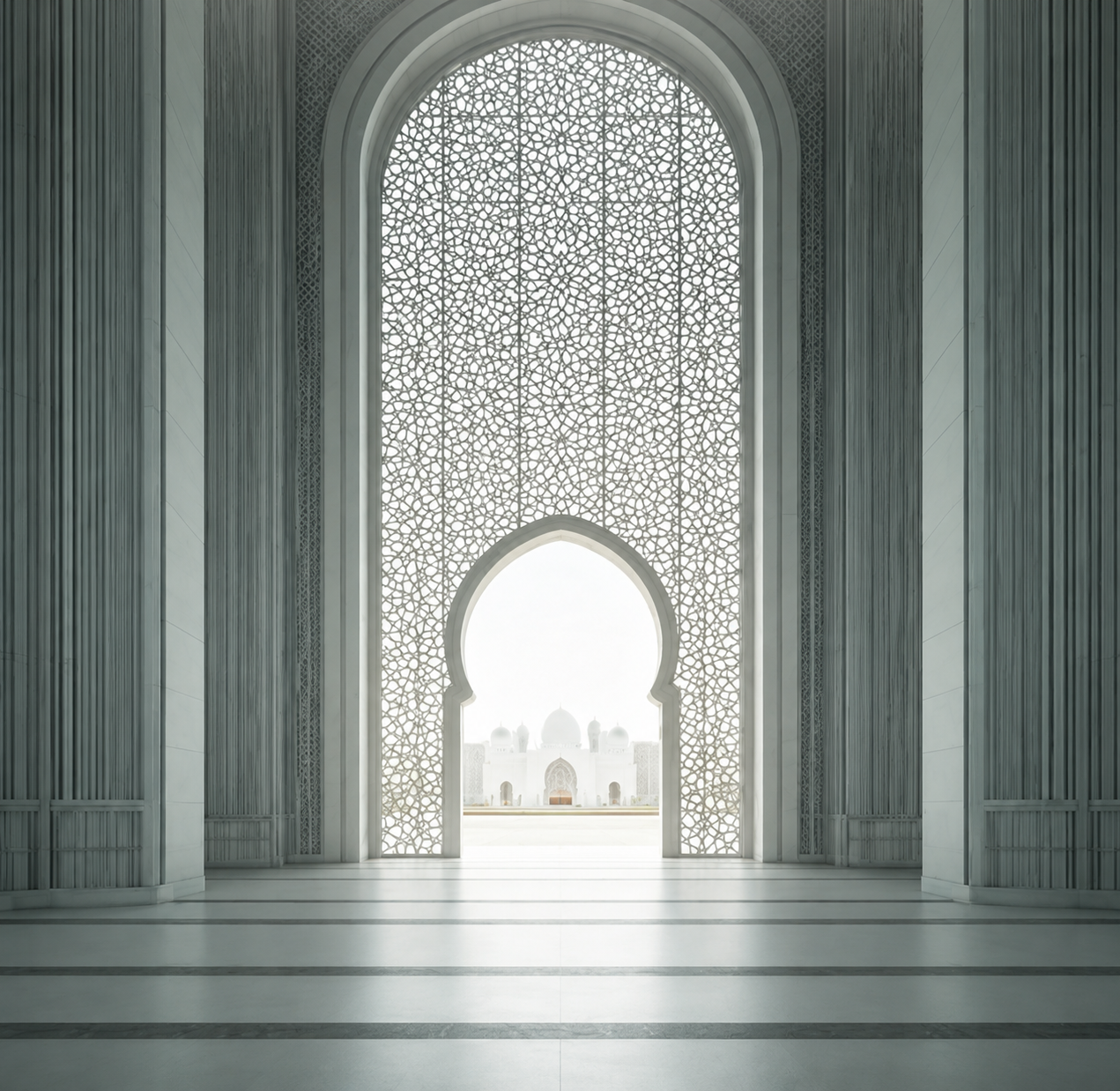 Open masjid's gate, modern Islamic art, with light. luzIslamica.com